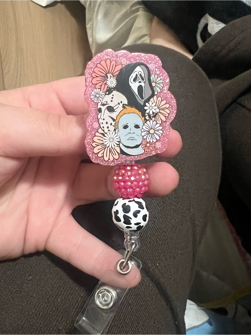 Hand Crafted Pink Glitter Horror Mask Badge Reel with Beaded Charms